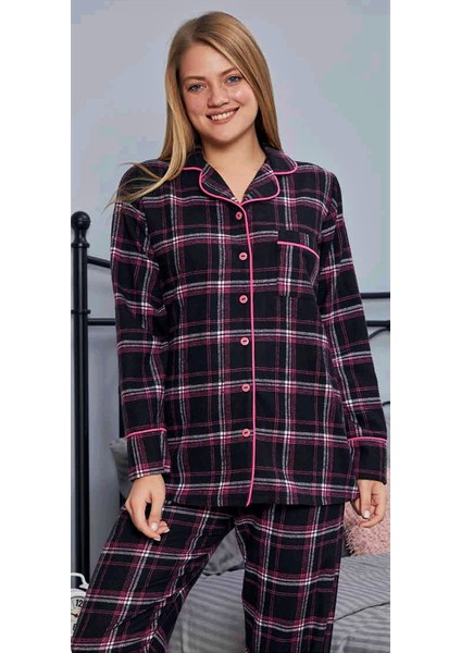 Önden Düğmeli Pijama Takımı Ekoseli Siyah