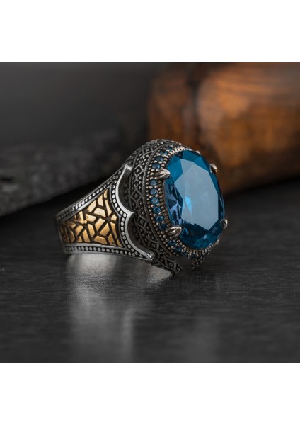 Oval 925 Ayar Gümüş Erkek Yüzük Mavi Yeşil Zirkon Taşlı Silver