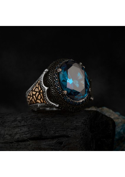 Oval 925 Ayar Gümüş Erkek Yüzük Mavi Yeşil Zirkon Taşlı Silver modelleri
