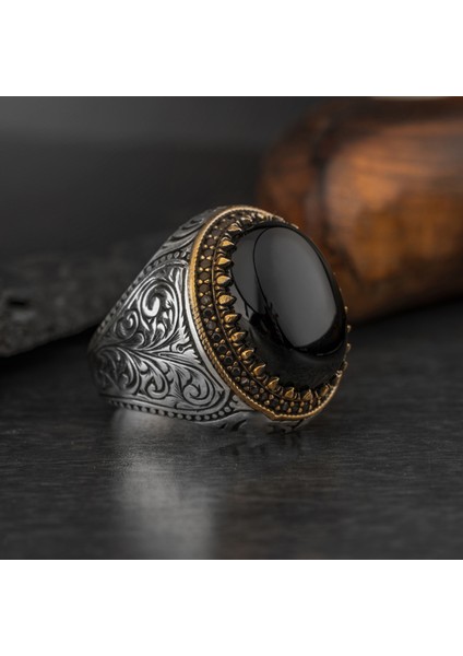 Oval 925 Ayar Gümüş Erkek Yüzük Akik Kaplan Gözü Taşlı Takı