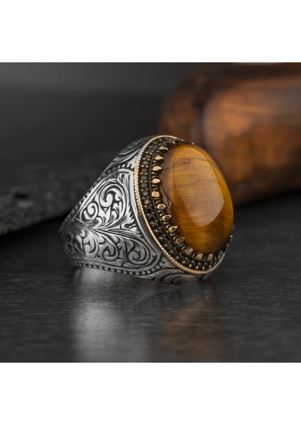 Oval 925 Ayar Gümüş Erkek Yüzük Akik Kaplan Gözü Taşlı Takı