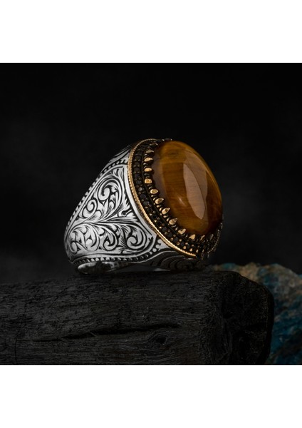 Oval 925 Ayar Gümüş Erkek Yüzük Akik Kaplan Gözü Taşlı Takı modelleri
