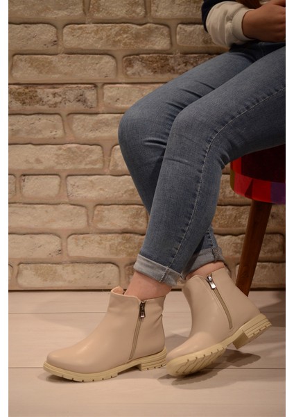 Kadın Krem Cilt Yanı Fermuar Detaylı Kısa Bot&bootie