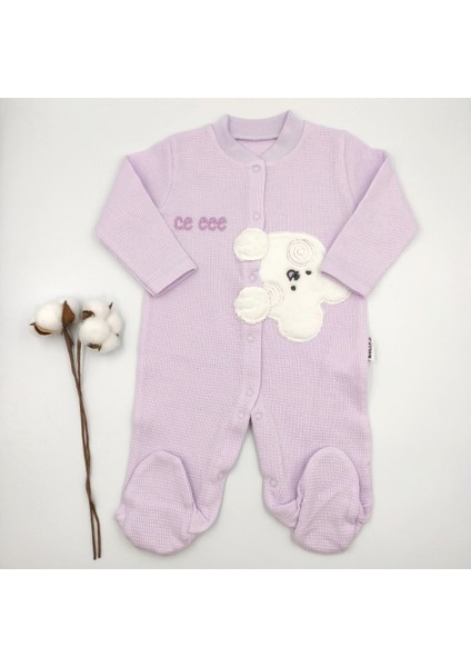 Ce eee Ayılı Patikli Lila %100 Cotton Bebek Tulumu