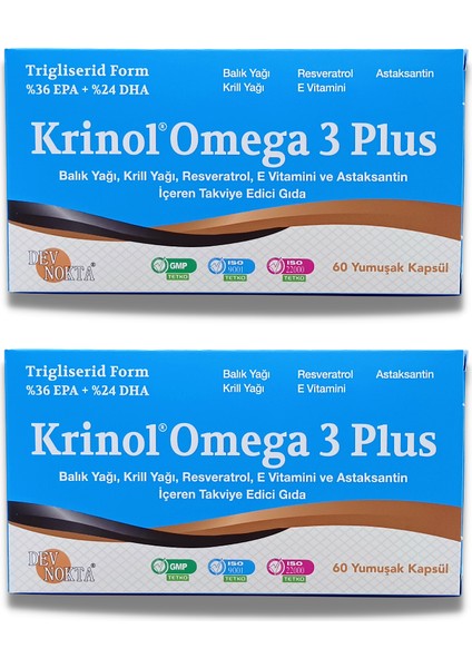 Omega 3 Plus - Balık Yağı, Krill Yağı, Resveratrol, E Vitamini Ve Astaksantin - 60 Kapsül - 2 Kutu