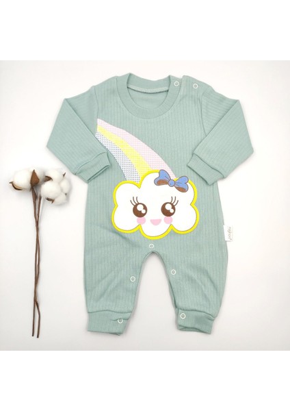 Gökkuşağı Baskılı Yeşil %100 Cotton Bebek Tulumu
