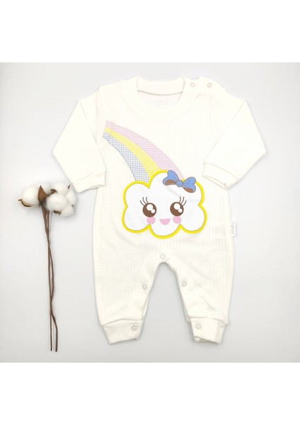Gökkuşağı Baskılı Krem %100 Cotton Bebek Tulumu