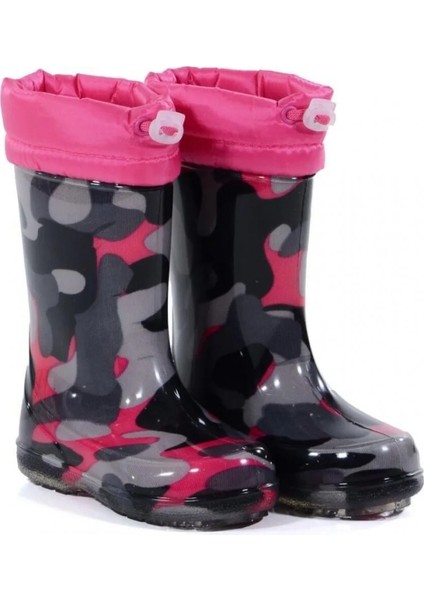 Içi Kürklü Soğuk Geçirmez Kamuflaj Desenli Çocuk Yağmur Çizme Bot Ayakkabı