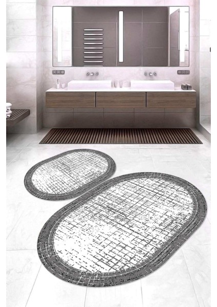 Dijital Baskılı Kaymaz Taban Yıkanabilir Oval 2'li Klozet Takımı Banyo Paspası NOKZ-HS-209