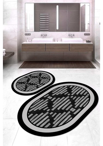 Dijital Baskılı Kaymaz Taban Yıkanabilir Oval 2'li Klozet Takımı Banyo Paspası NOKZ-HS-213