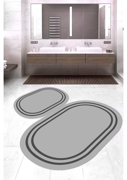 Dijital Baskılı Kaymaz Taban Yıkanabilir Oval 2'li Klozet Takımı Banyo Paspası NOKZ-HT-433