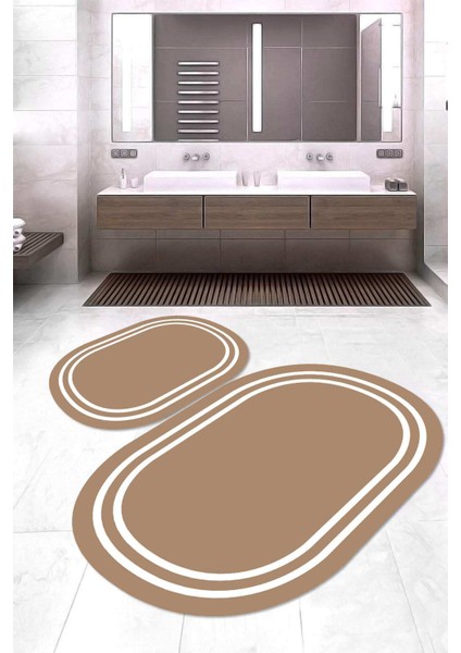 Dijital Baskılı Kaymaz Taban Yıkanabilir Oval 2'li Klozet Takımı Banyo Paspası NOKZ-HT-435