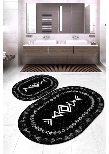 Dijital Baskılı Kaymaz Taban Yıkanabilir Oval 2'li Klozet Takımı Banyo Paspası NOKZ-SD-1045