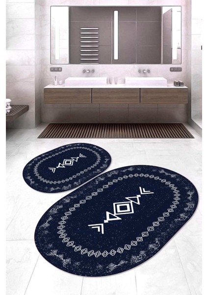 Dijital Baskılı Kaymaz Taban Yıkanabilir Oval 2'li Klozet Takımı Banyo Paspası NOKZ-SD-1047