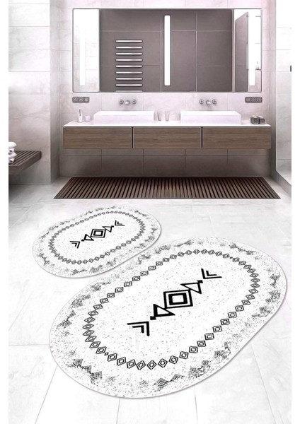 Dijital Baskılı Kaymaz Taban Yıkanabilir Oval 2'li Klozet Takımı Banyo Paspası NOKZ-SD-1049