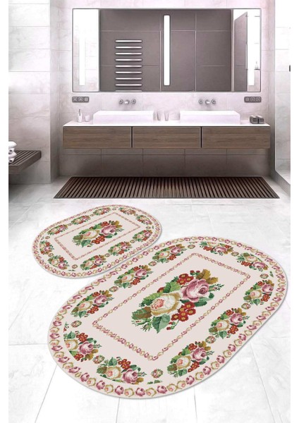 Dijital Baskılı Kaymaz Taban Yıkanabilir Oval 2'li Klozet Takımı Banyo Paspası NOKZ-SD-403