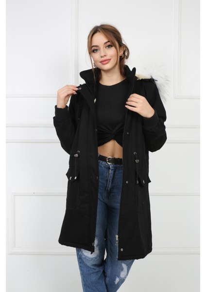 Kadın Siyah Peluşlu Oversize Gabardin Kumaş Içi Suni Kürklü Kaban Mont fiyatları