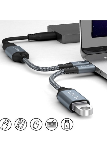 LivX USB 3.0 To Type-C Çevirici Dönüştürücü 60W Hızlı Şarj Desteği 15 cm Kablolu Otg Adaptör Gri Ottca-01