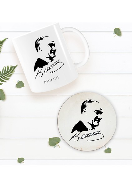 Gift Kişiye Özel Atatürk Temalı Beyaz Kupa Bardak Ve Yuvarlak Ahşap Bardak Altlığı Hediye Seti -26