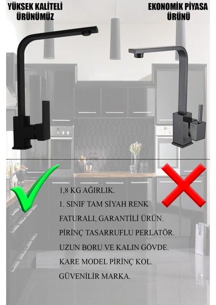 Mutfak Bataryası Siyah Renk Eviye Bataryası Musluğu Evye Armatürü Musluk Kare Model Lüxs Batarya