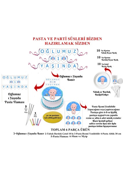 Pasta Resmi ve Parti Seti Bir Yaş Temalı 10 Kişilik