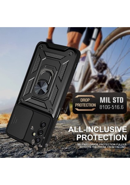 MTK Moveteck Samsung Galaxy M13 Uyumlu Kılıf Kamera Lens Korumalı Sürgülü Kızak Pars Lens Yüzüklü Shockproof Armor Military Zırh Tank Kılıf