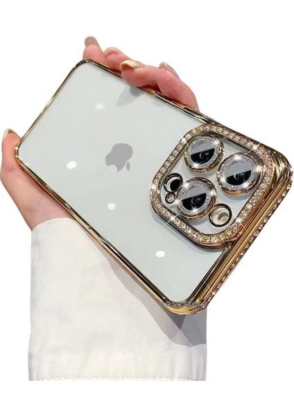 Apple iPhone 14 Pro Max 6.7 Inç Uyumlu Kılıf Kamera Lens Korumalı Kenarları Çevresi Parlak Taşlı Parıltılı Kaplama Ince Hafif Tasarım Silikon