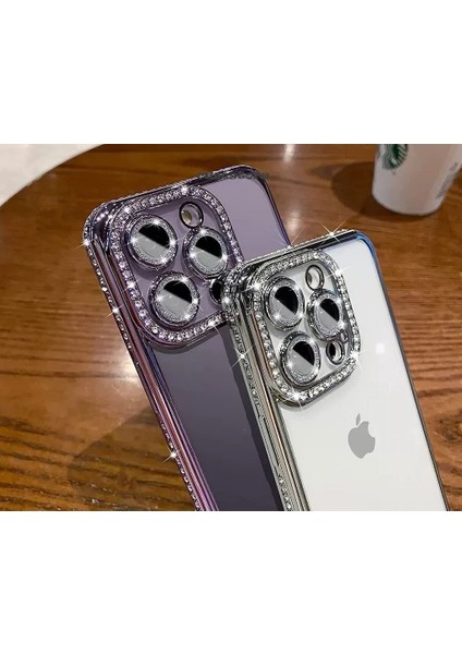 Apple iPhone 14 Pro Max 6.7 Inç Uyumlu Kılıf Kamera Lens Korumalı Kenarları Çevresi Parlak Taşlı Parıltılı Kaplama Ince Hafif Tasarım Silikon modelleri