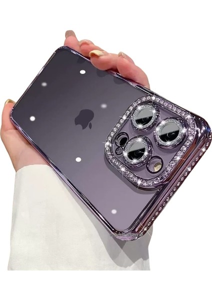 Apple iPhone 14 Pro Uyumlu Kılıf Kamera Lens Korumalı Kenarları Çevresi Parlak Taşlı Parıltılı Kaplama Ince Hafif Tasarım Silikon