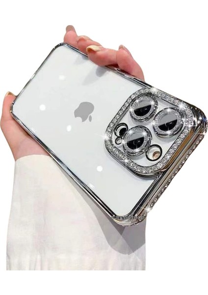 Apple iPhone 14 Pro Uyumlu Kılıf Kamera Lens Korumalı Kenarları Çevresi Parlak Taşlı Parıltılı Kaplama Ince Hafif Tasarım Silikon