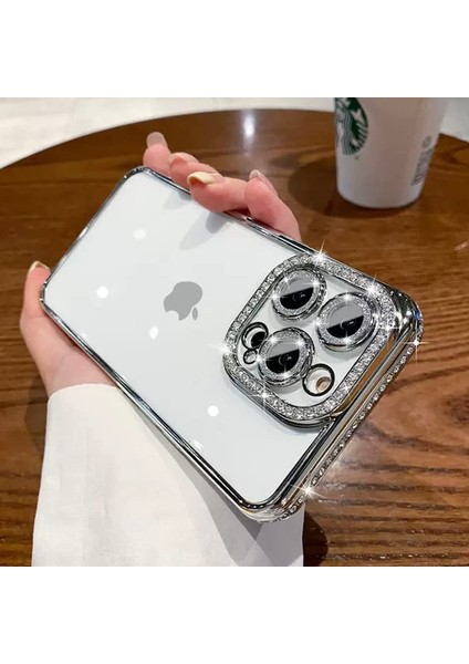 Apple iPhone 14 Pro Uyumlu Kılıf Kamera Lens Korumalı Kenarları Çevresi Parlak Taşlı Parıltılı Kaplama Ince Hafif Tasarım Silikon