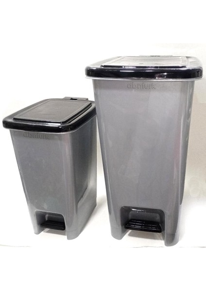 2 Adet Büyükboy Pedallı Çöp Kovası 40+15 Litre Metalik Gri Arkaplan Kırılmaz Çelik Tel Mekanizmalı