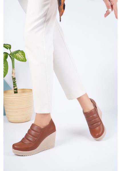 Dolgu Taban Yandan Fermuarlı Taba Cilt Kadın Ayakkabı modelleri