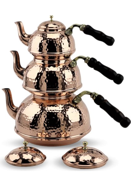 3 Boy Dövülmüş Bakır Çaydanlık Takımı