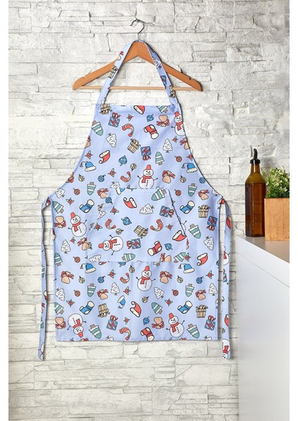 Yılbaşı Temalı 110 cm Cepli Mutfak Önlüğü Mavi