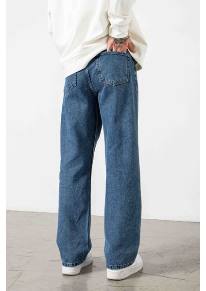 Baggy Relaxed Jean Efektli Pantolon Dark Blue fırsatları