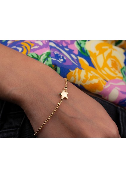 Yıldız Charm Halat Zincir Bileklik 14 Ayar Altın