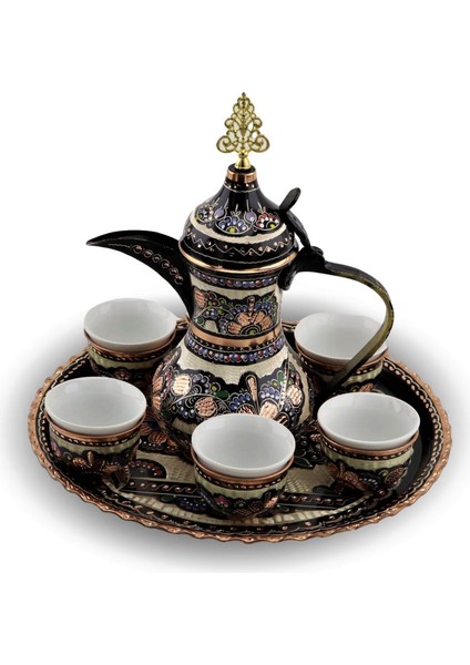 Gül Çiçek Bakır Mırra Kahve Takımı Ve Cezve