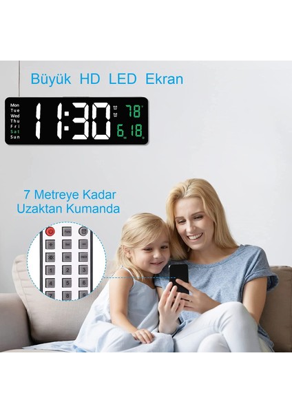 Kumandalı Büyük Hd LED Ekranlı Dijital Masa Duvar Saati Aynalı Elektronik Saat Sıcaklık Tarih