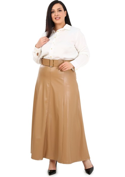 Büyük Beden Kemerli Uzun Bej Rengi Deri Etek