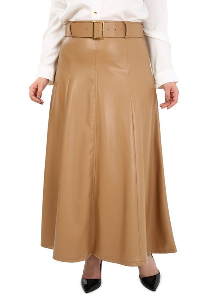 Büyük Beden Kemerli Uzun Bej Rengi Deri Etek fiyatları