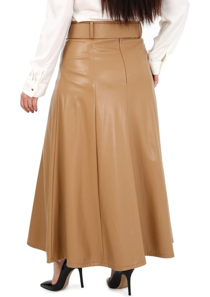 Büyük Beden Kemerli Uzun Bej Rengi Deri Etek modelleri