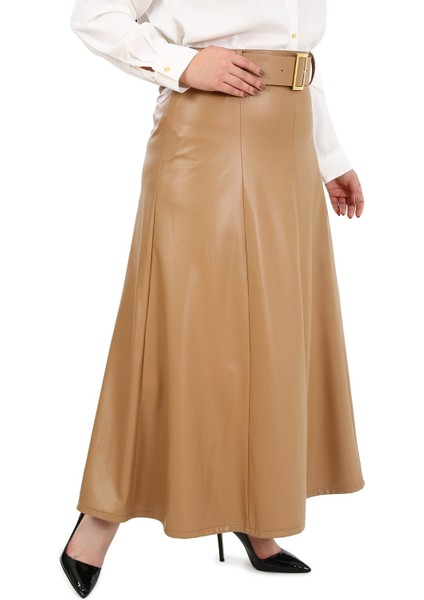 Büyük Beden Kemerli Uzun Bej Rengi Deri Etek fırsatları