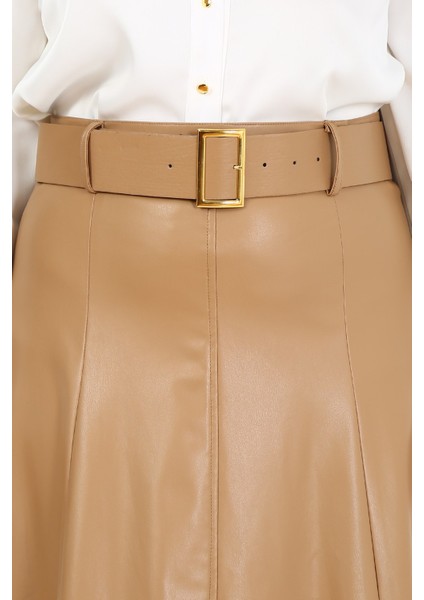 Büyük Beden Kemerli Uzun Bej Rengi Deri Etek indirimleri