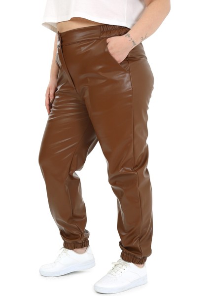 Büyük Beden Beli Yanlardanlastikli Cepli Paçası Lastikli Kahverengi Deri Pantolon indirimleri