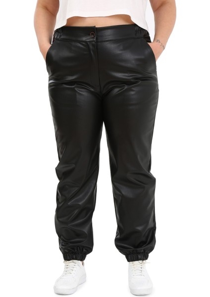 Büyük Beden Beli Yanlardanlastikli Cepli Paçası Lastikli Siyah Deri Pantolon
