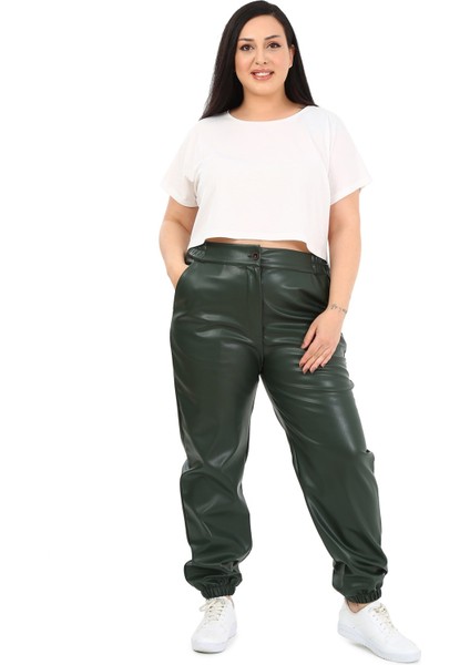 Büyük Beden Beli Yanlardanlastikli Cepli Paçası Lastikli Haki Deri Pantolon fiyatları