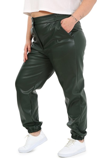 Büyük Beden Beli Yanlardanlastikli Cepli Paçası Lastikli Haki Deri Pantolon indirimleri