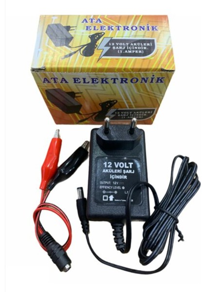 Ata Elektronik Dolu Uyumlu Akülü Atv Araba Jeep Cip Uyumlu - 12 Volt Akü Şarj Cihazı Şarz Aleti Adaptör + Voltaj Kesicili + Timsah Maşalı Kablolu + Yerli 1 Amper