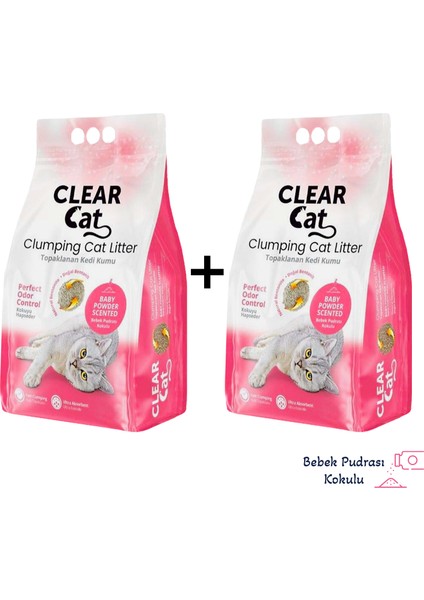 Clear Cat Bebek Pudrası Kokulu 10 L x 2 Adet Kedi Kumu / Doğal Bentonit